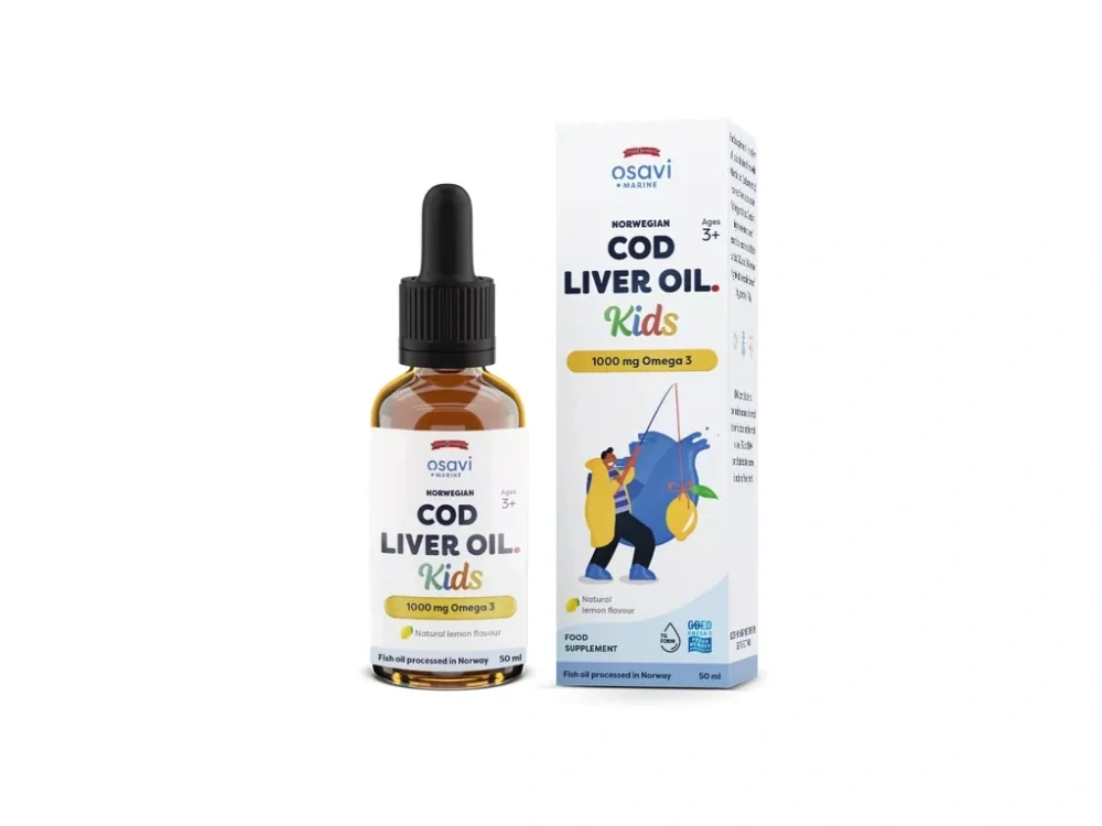 Osavi Norwegian Cod Liver Oil Kids, Norský olej z tresčích jater, pro děti, Omega 3, citrón, 1000 mg, 50 ml