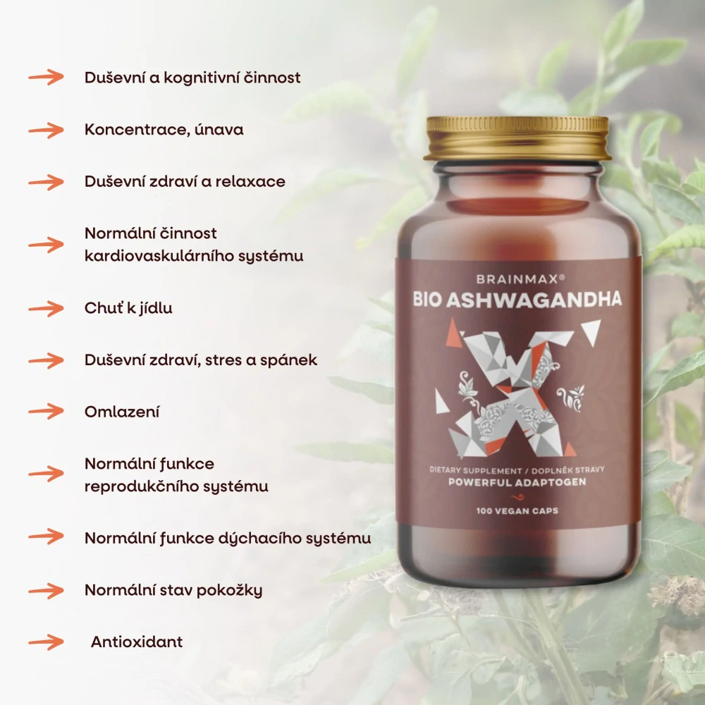 BrainMax BIO Ashwagandha (ašvaganda), 560 mg, 100 rostlinných kapslí